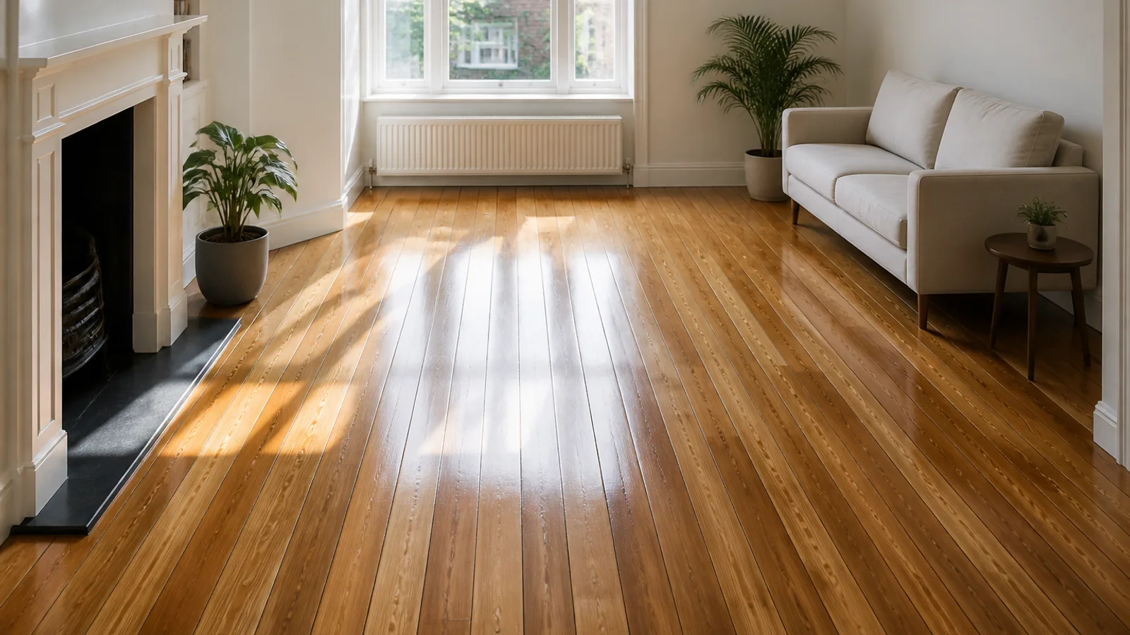 A bright row-house living room with a freshly refinished warm oak floor, a pale sofa, a side table and potted plants