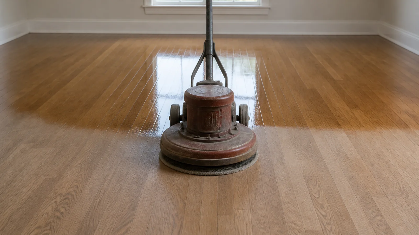 A floor buffer fitted with a round abrasive screen standing part-way across a dull oak floor, the boards behind it freshly coated and reflecting the window light
