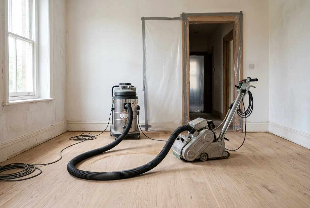 Plastic sheeting sealing a doorway during dust-contained hardwood floor sanding