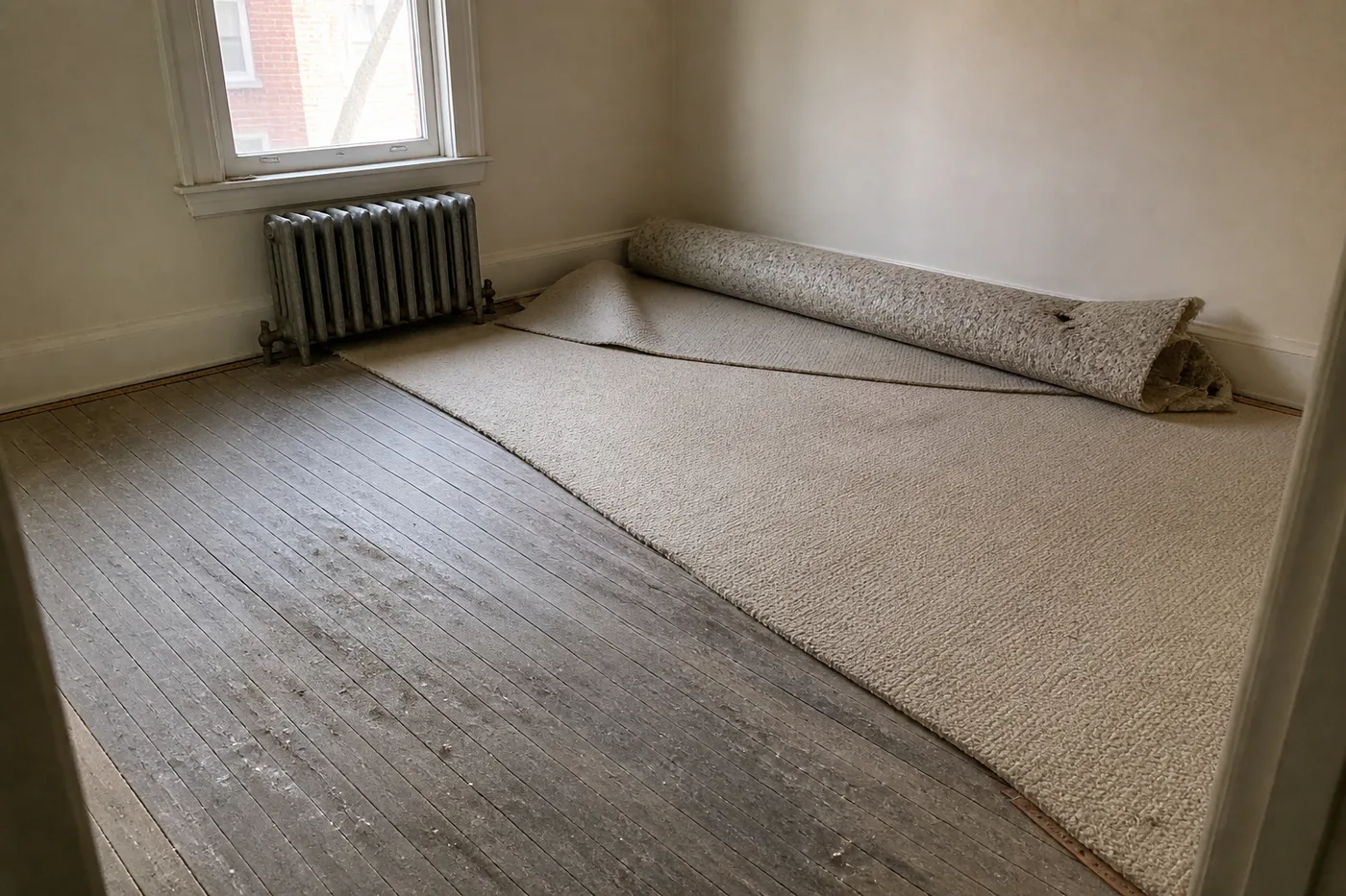 Wall-to-wall carpet pulled back to reveal gray, staple-dotted original oak floorboards beneath
